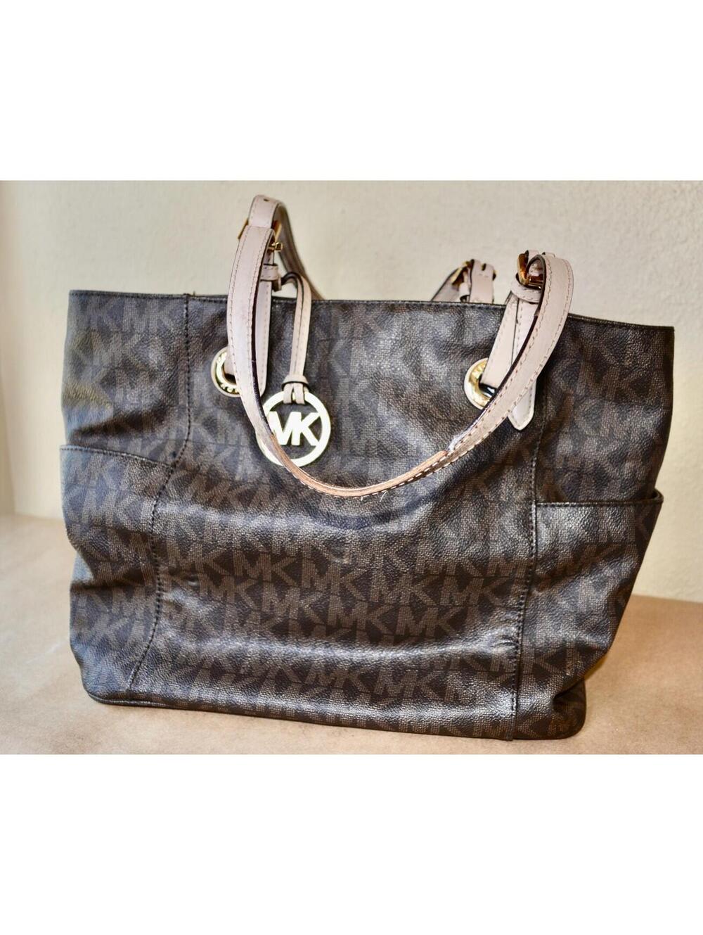 Michael Kors Dark Brown Leather Signature Jet Set Travel Tote Handbag, Large